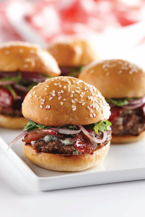 Merlot-Candied Bacon, Maytag Blue and Arugula Sliders