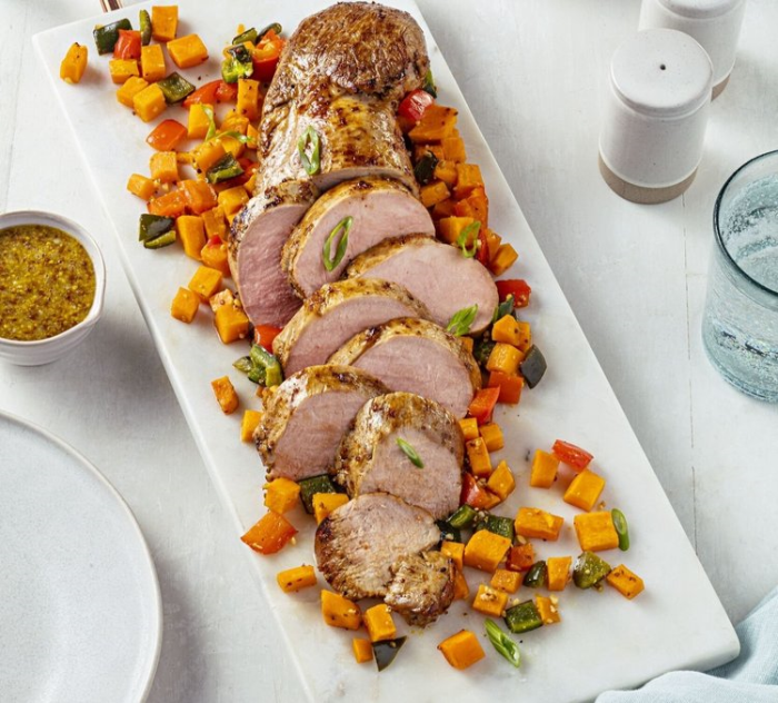 Garlic Dijon Pork Tenderloin with Roasted Sweet Potato and Pepper Jumble